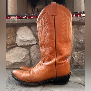 Vintage 2014 Mens Old West Brown Leather Cowboy Boots, Broad Toe, Stockman Heel